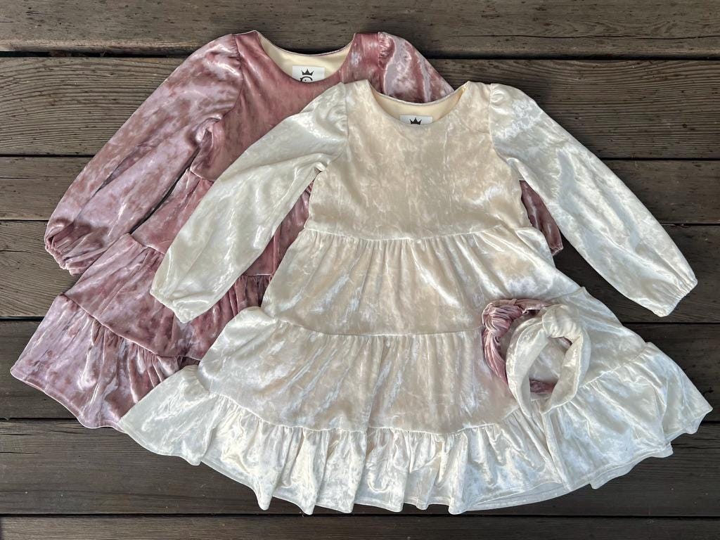 Ivory Tiered Velvet Girls Dress