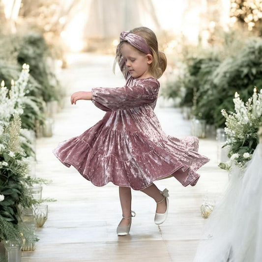 Ivory Tiered Velvet Girls Dress
