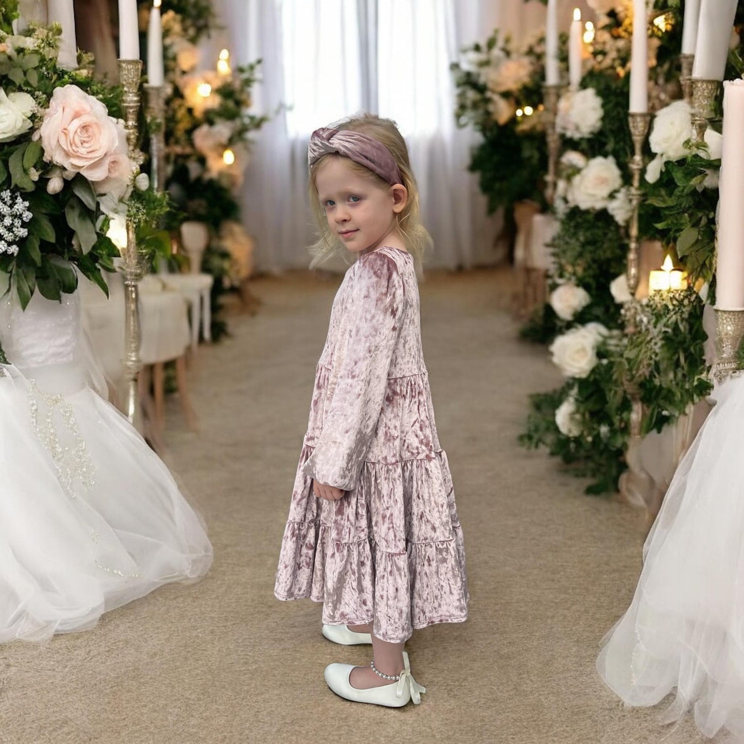 Ivory Tiered Velvet Girls Dress