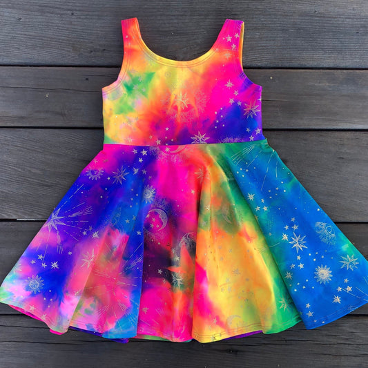 Rainbow Metallic Gold Moon Girls Dress