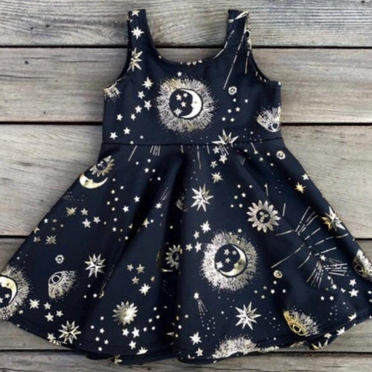 Rainbow Metallic Gold Moon Girls Dress